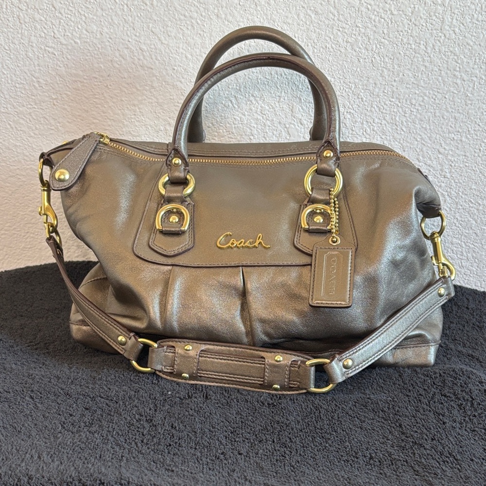 Coach Metallic Pewter Leather Satchel